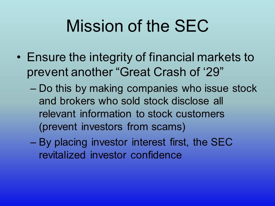 Main tasks of the US Securities Commission SEC